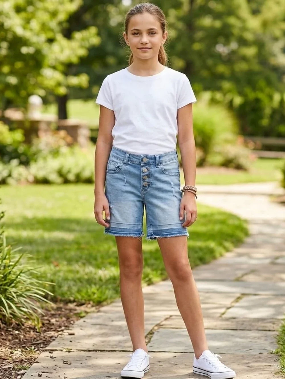 Justice Light Wash Distressed Jean Shorts High Waisted Button Fly Sz 12